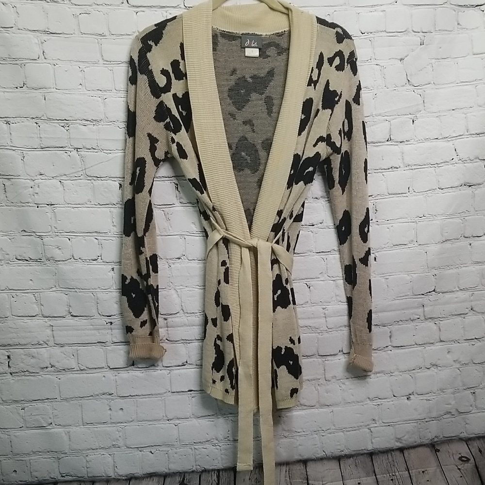 Dots Black Tan Animal Print Tie Waist Sweater Small 🎯